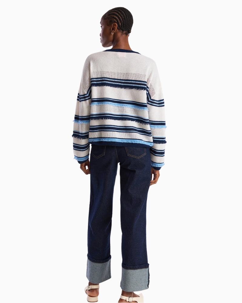 Brodie Cashmere Funky Stripe Cashmere Crew Neck Jumper white navy back view