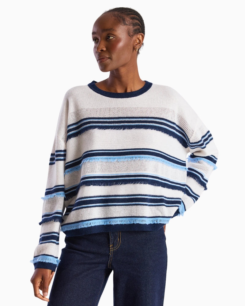 Brodie Cashmere Funky Stripe Cashmere Crew Neck Jumper white navy front view