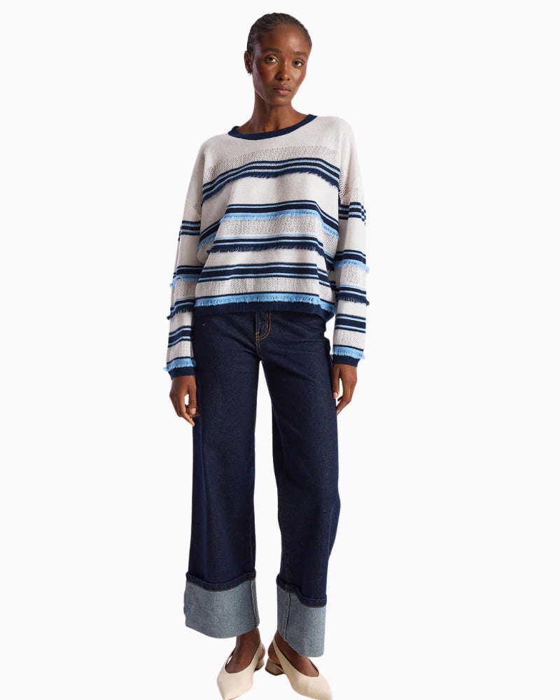 Brodie Cashmere Funky Stripe Cashmere Crew Neck Jumper white navy front view on model