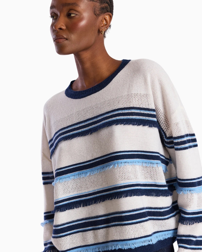 Brodie Cashmere Funky Stripe Cashmere Crew Neck Jumper white navy stripe detail