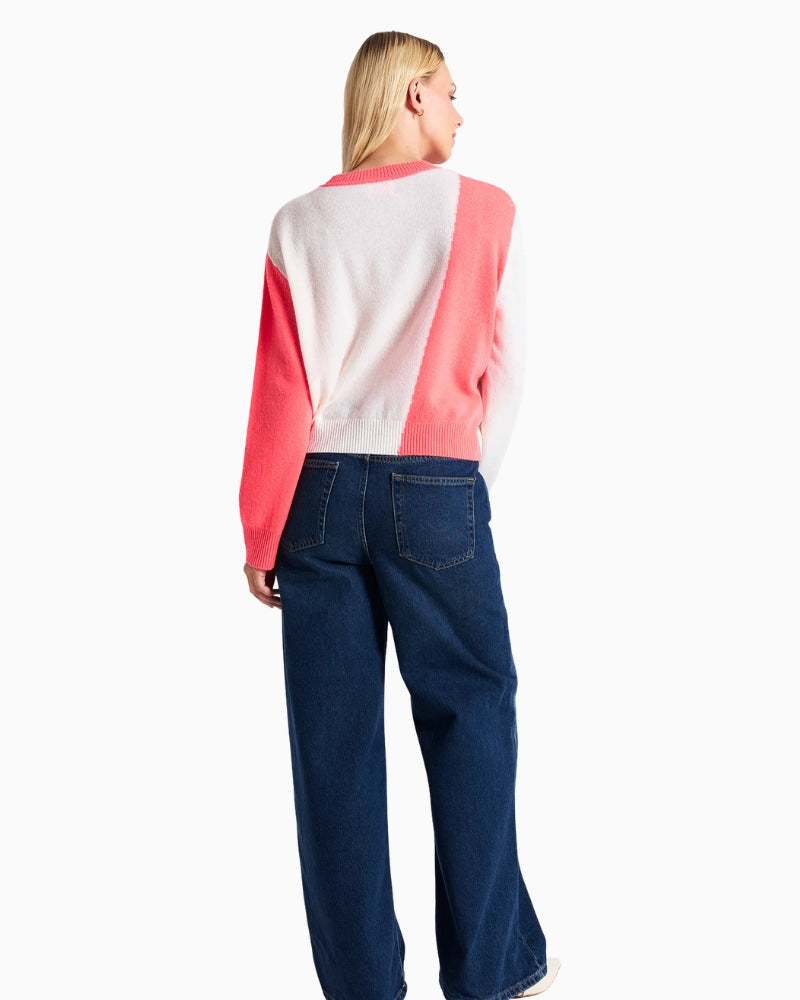 Brodie Cashmere Hot Fix Colourblock Crew Neck Jumper white pink back view