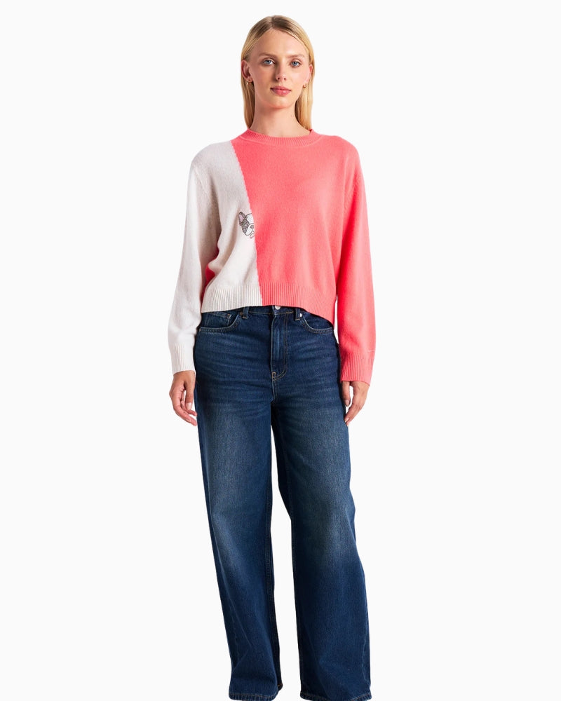 Brodie Cashmere Hot Fix Colourblock Crew Neck Jumper white pink colourblock detail