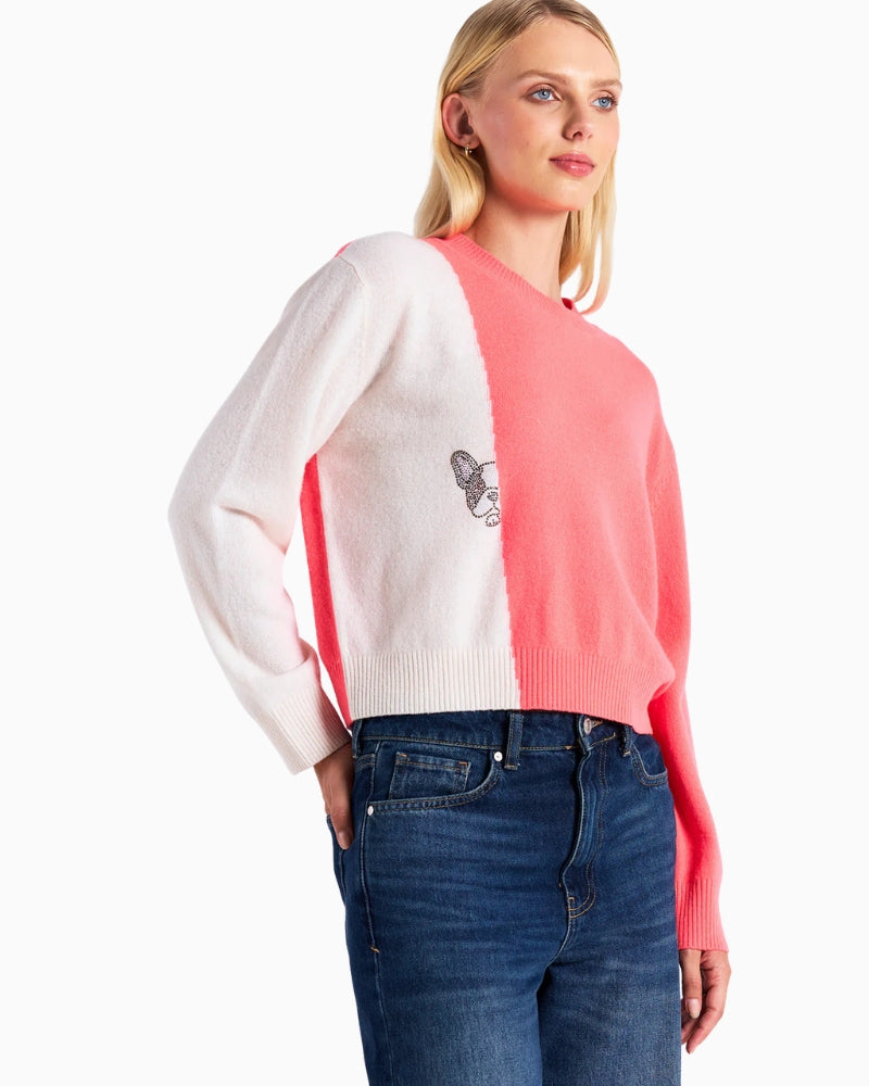 Brodie Cashmere Hot Fix Colourblock Crew Neck Jumper white pink front view on model