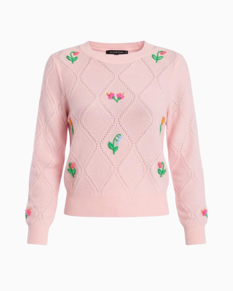 Brodie Cashmere Lightweight Floral Stitch Cashmere Crew pale pink embroidery detail