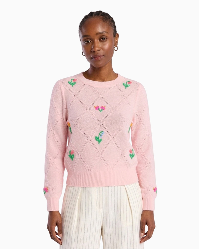 Brodie Cashmere Lightweight Floral Stitch Cashmere Crew pale pink front view