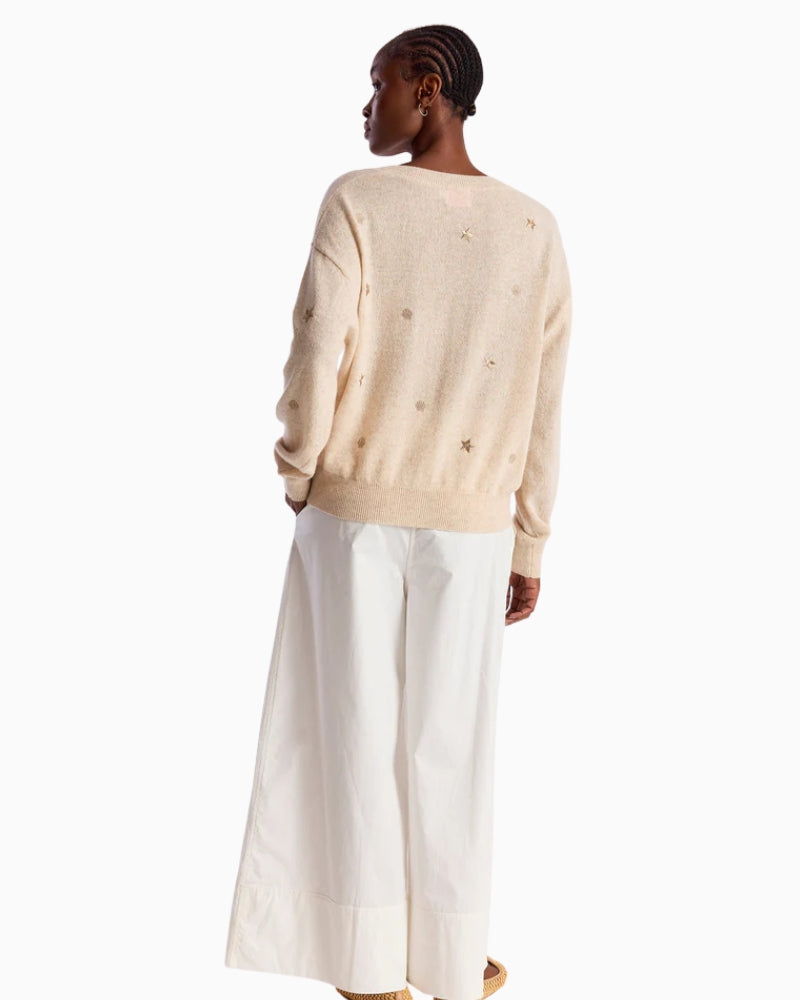 Brodie Cashmere Sea Embroidery Cashmere V Neck Jumper beige back view