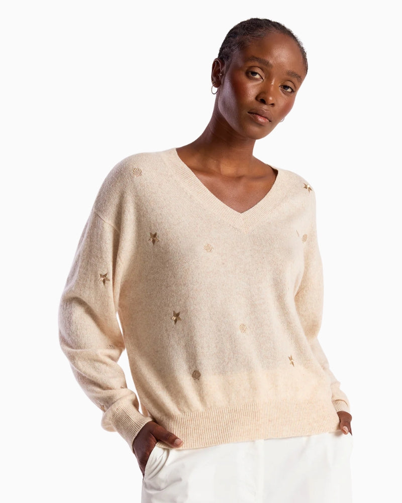 Brodie Cashmere Sea Embroidery Cashmere V Neck Jumper beige front view