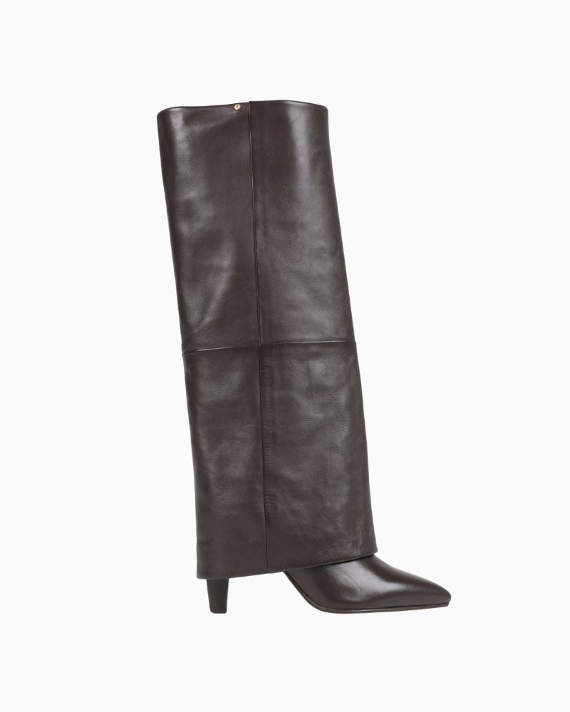 Tall brown leather skirt boots by BRONX with banana heel