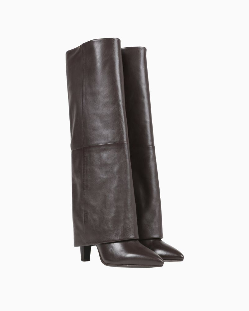 Tall brown leather skirt boots by BRONX with banana heel