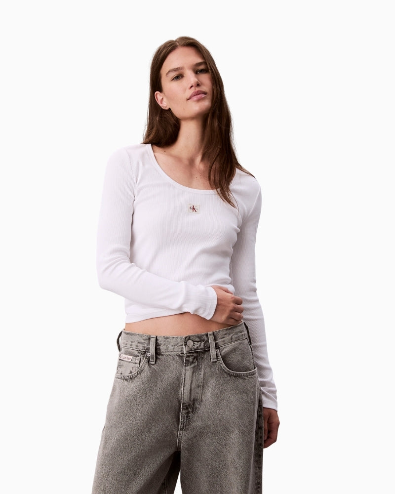 White CK Jeans long-sleeve scoop neck shirt with woven label