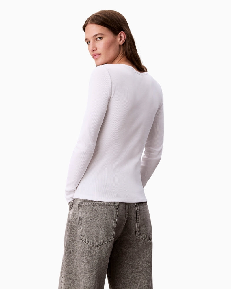 Back view of white long-sleeve scoop neck top by CK Jeans