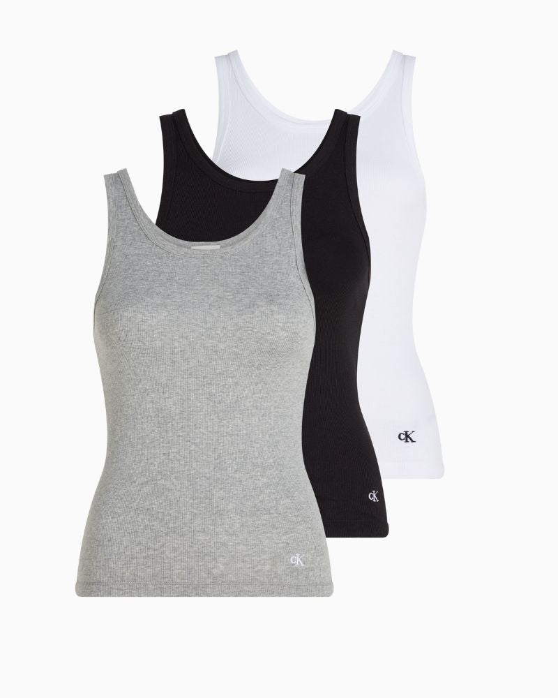 Pack of Calvin Klein cotton tanks showing breathable 100% cotton fabricish