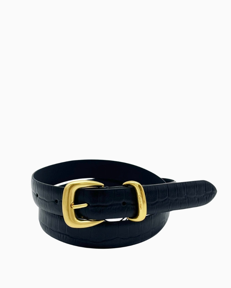 Front view of Calvin Klein slim croc-embossed leather belt in black