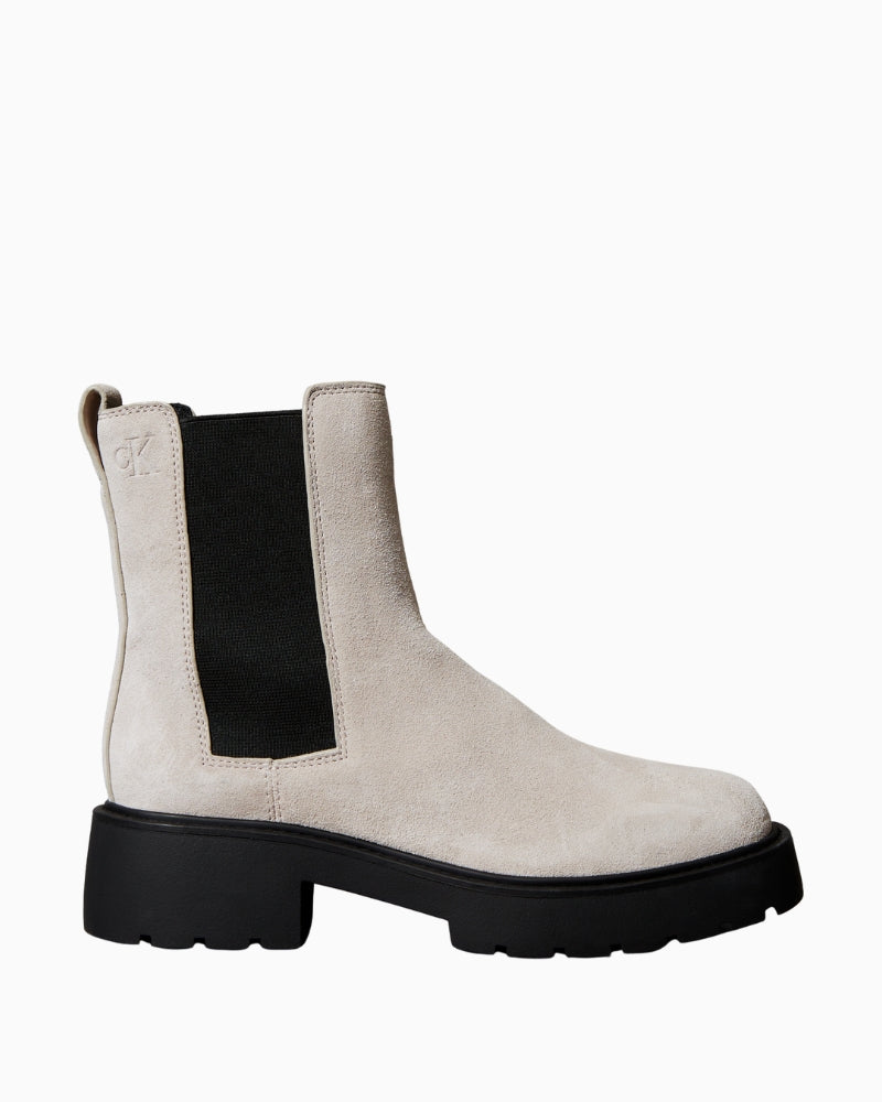 Side view of Calvin Klein brown leather Chunky Chelsea boot with lug sole