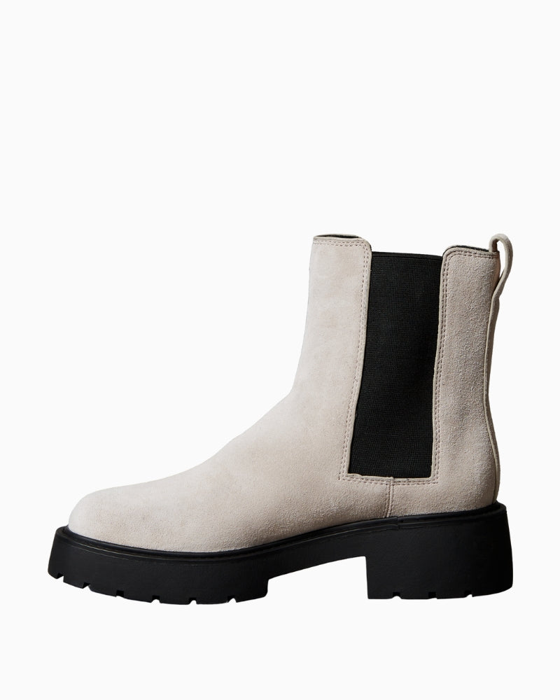 Side view of Calvin Klein brown leather Chunky Chelsea boot with lug sole