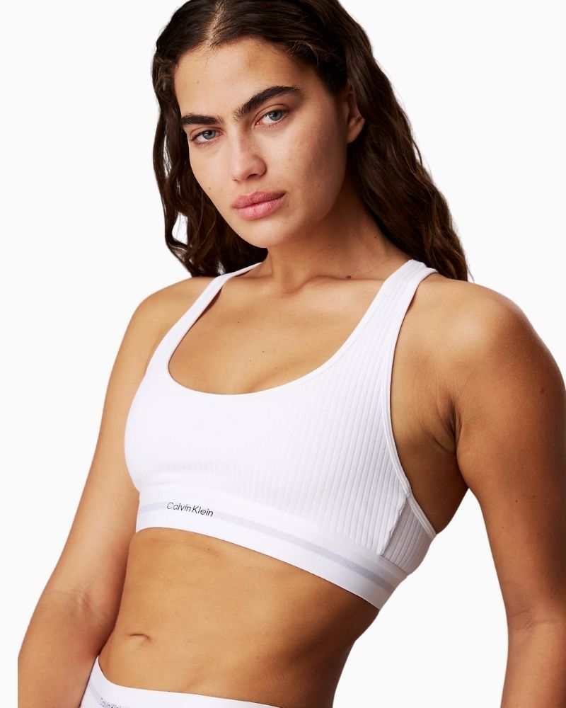 Close-up of Calvin Klein ribbed cotton modal bralette showing soft moulded cups
