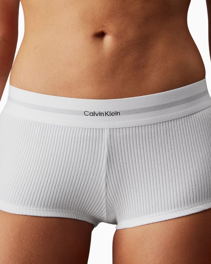 Close-up view Calvin Klein Cotton Modal Rib Hipster in white with signature waistband and ribbed texture