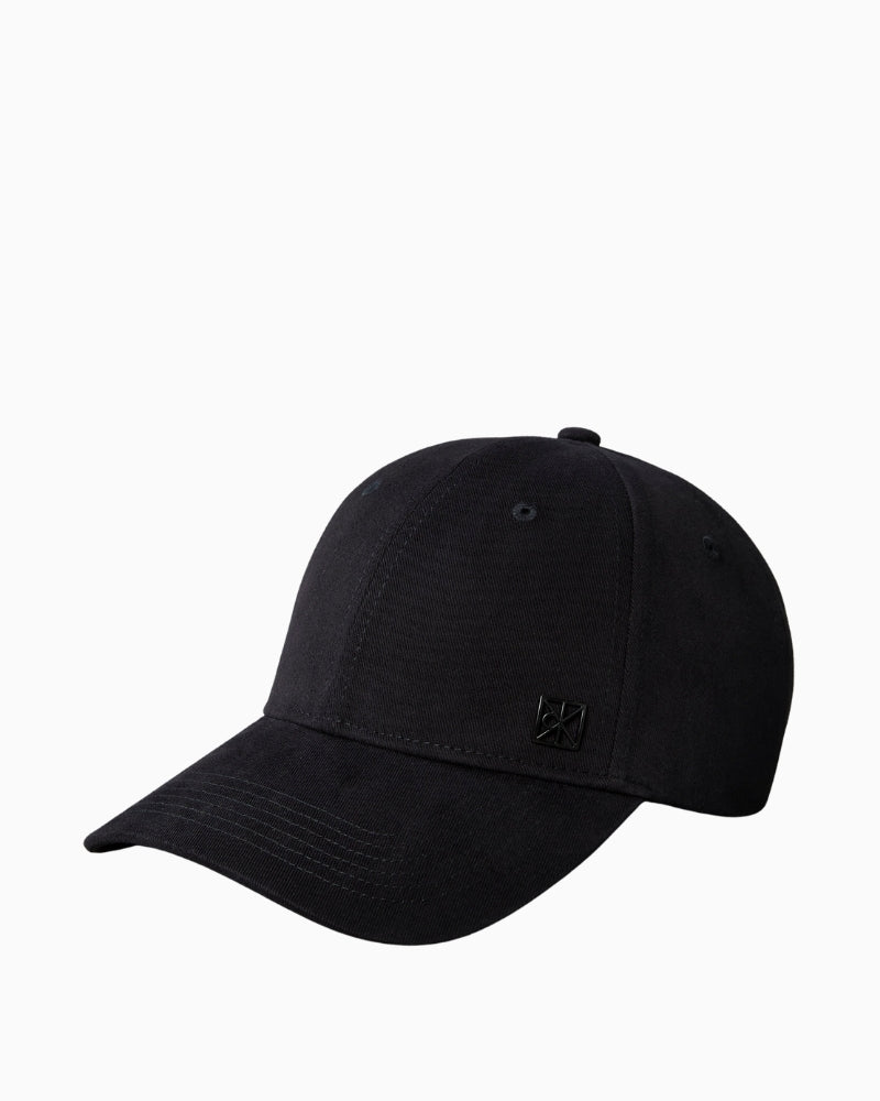 Front view of Calvin Klein black cotton baseball cap with emblem hardware