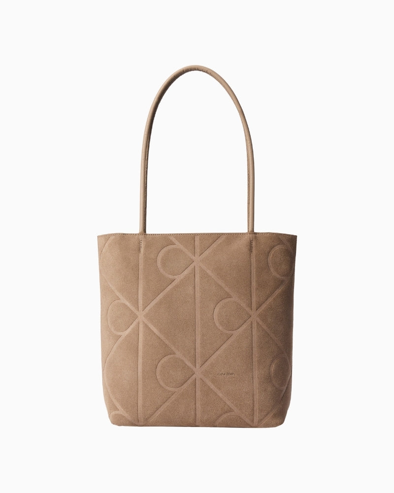 Calvin Klein suede small tote taupe front view – Áines Boutique
