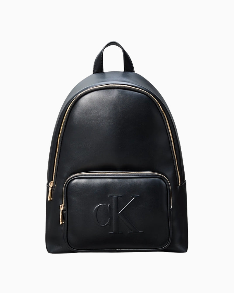 Front view of Calvin Klein faux leather backpack with embossed logo
