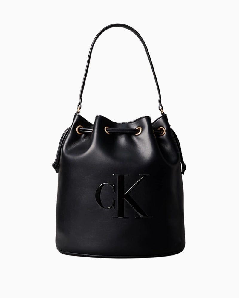 Front view of Calvin Klein embossed bucket bag with drawstring closure