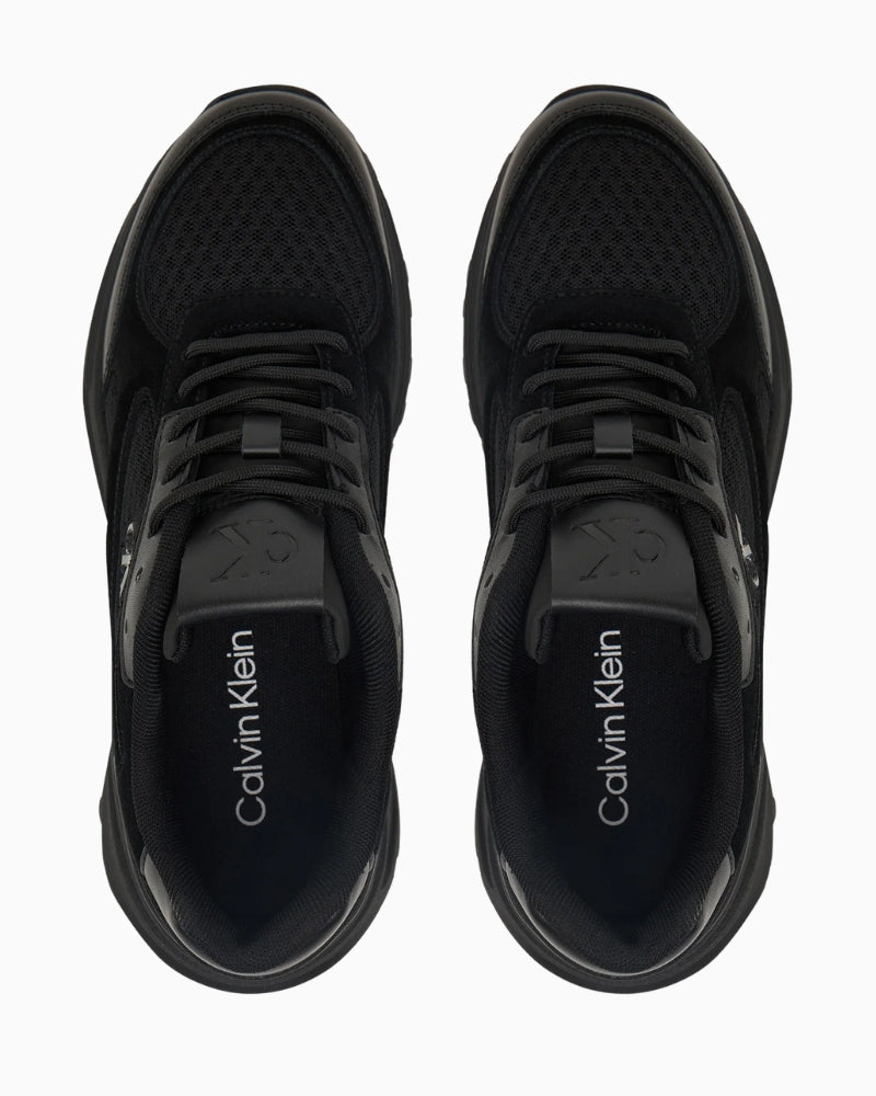 Top view showing round toe and mesh-leather mix finish