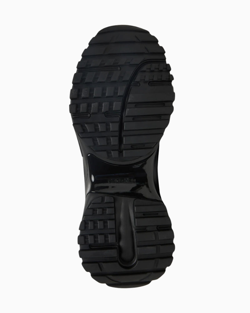 Back of Calvin Klein Hike Runner sneakers in triple black mesh and leather