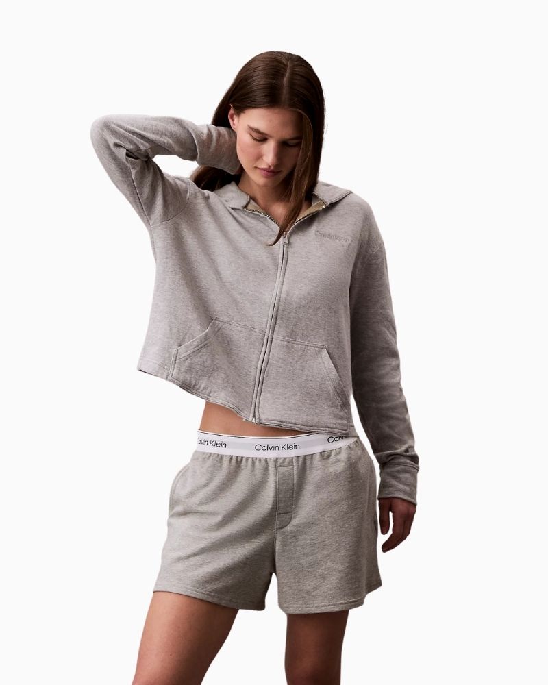 Calvin Klein Icon Cotton Terry Lounge Hoodie in light pink with zip front and embroidered logo