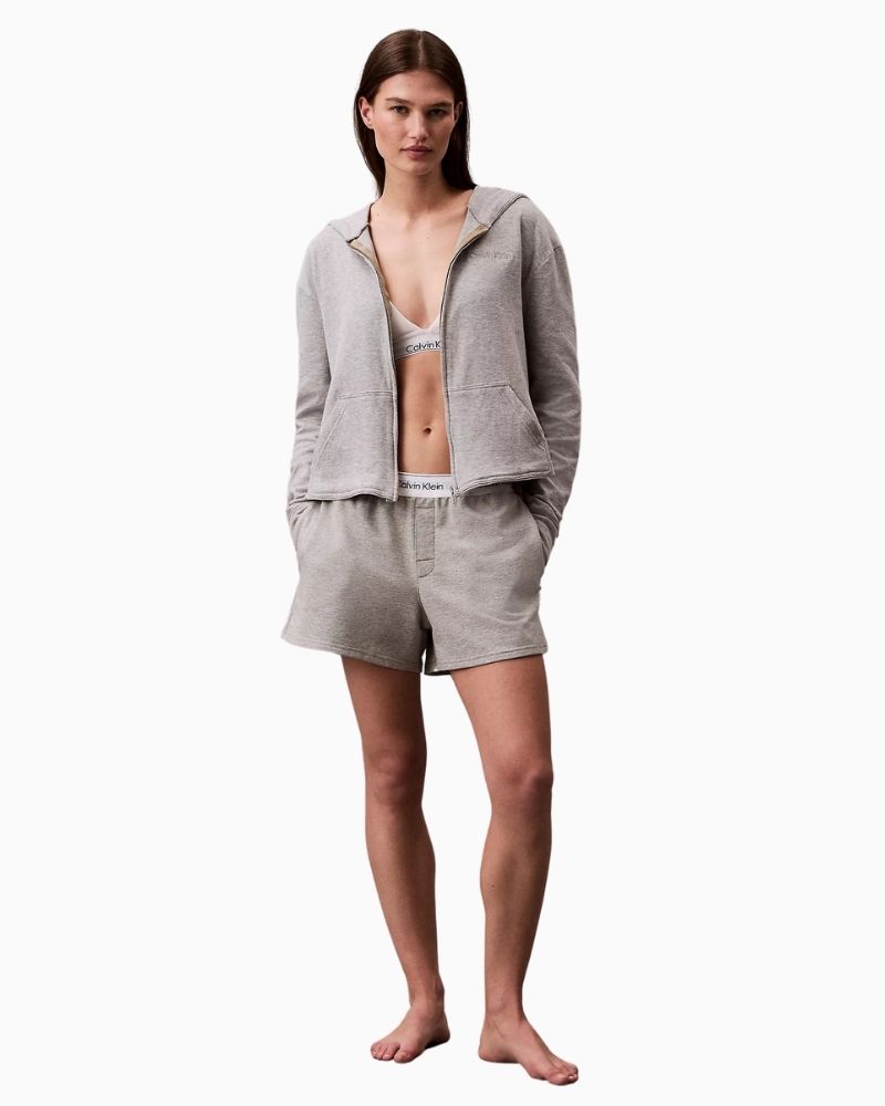 Calvin Klein Icon Cotton Terry Lounge Hoodie in light pink with zip front and embroidered logo