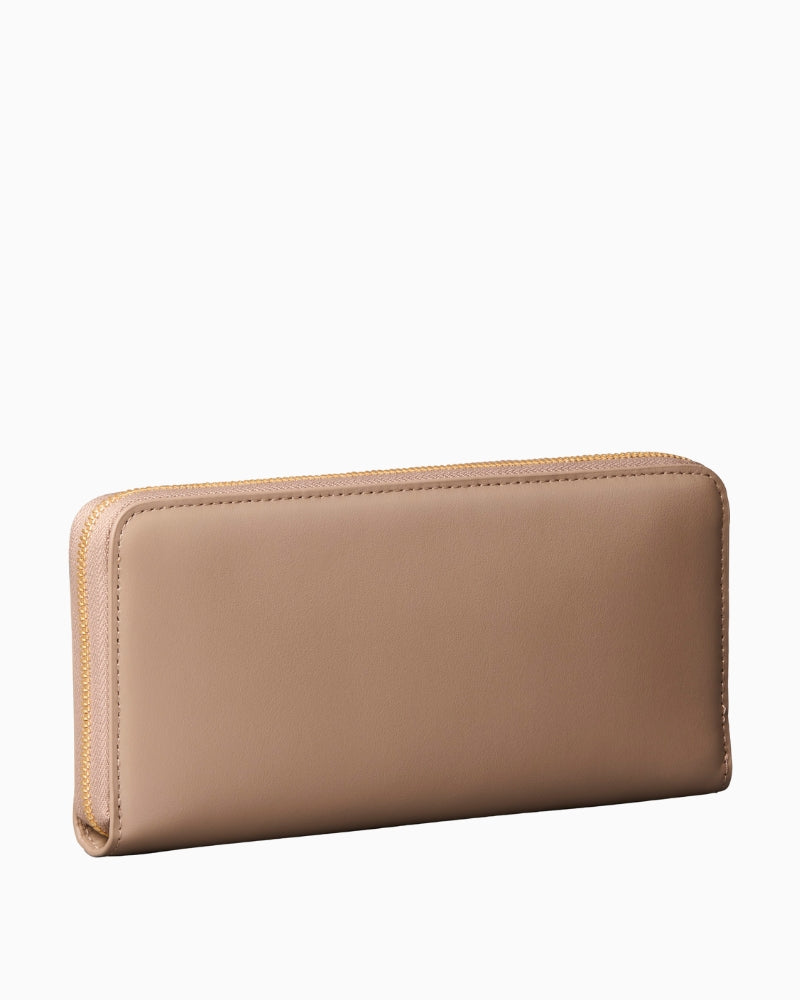 Calvin Klein desert taupe large zip-around wallet angled view – Áines Boutique