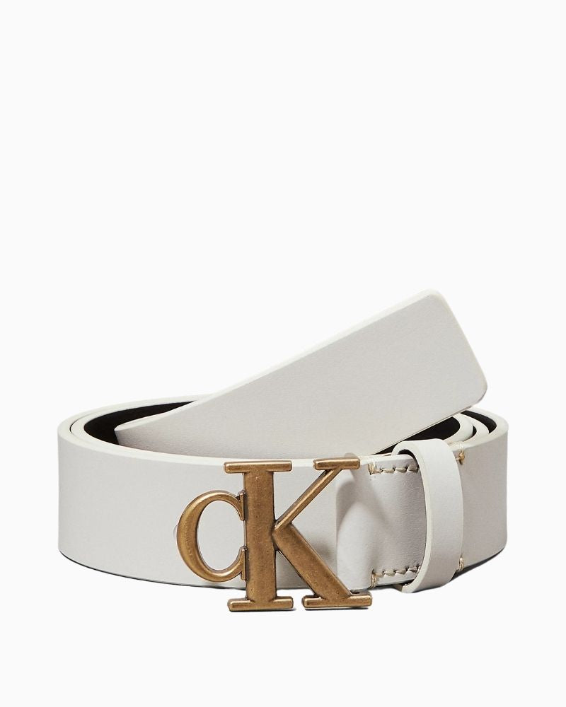 Calvin Klein smooth leather logo belt with 3cm width and signature CK buckle