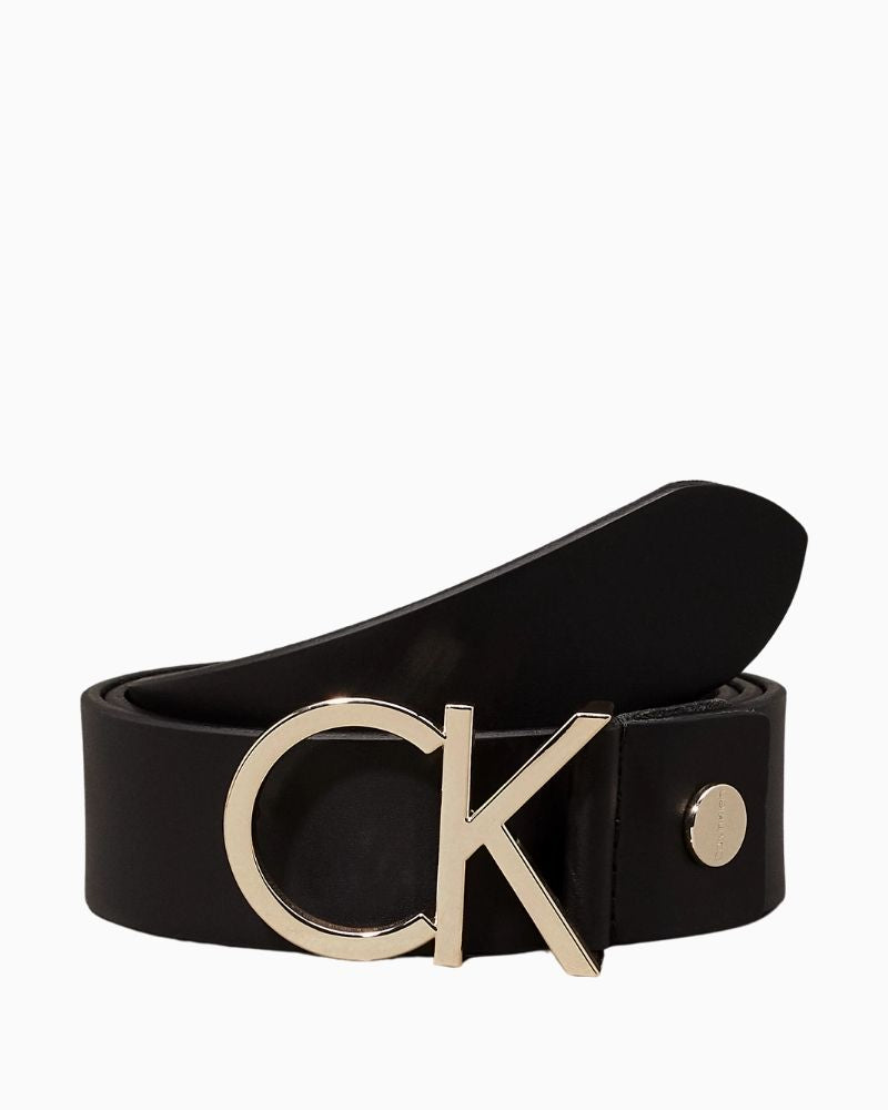 Calvin Klein Leather Logo Belt with silver CK monogram buckle and genuine leather strap