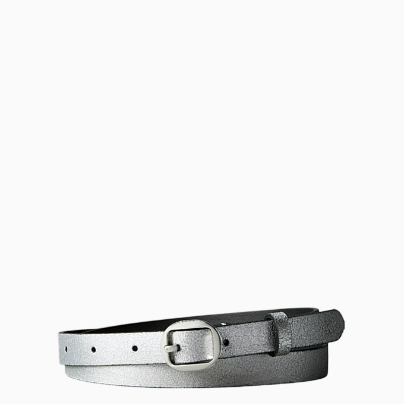Front view of Calvin Klein leather belt with round metal buckle