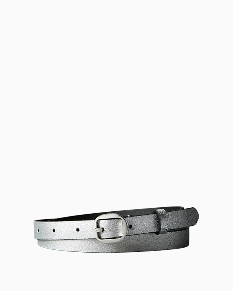 Front view of Calvin Klein leather belt with round metal buckle