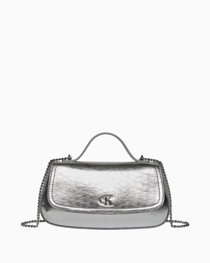 Calvin Klein silver metallic top handle chain bag front view – Áines Boutique