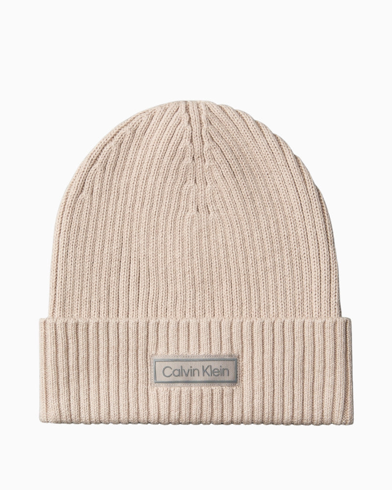 Front view of Calvin Klein chunky rib cotton cashmere beanie with CK patch