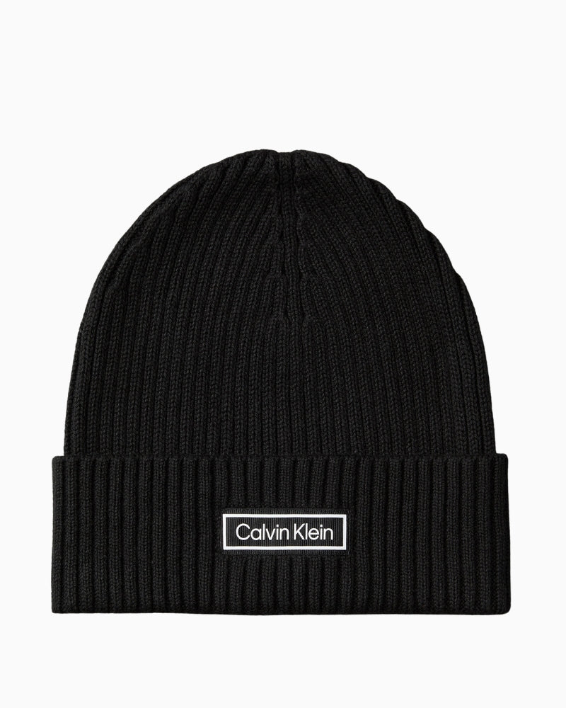 Front view of Calvin Klein chunky rib cotton cashmere beanie with CK patch