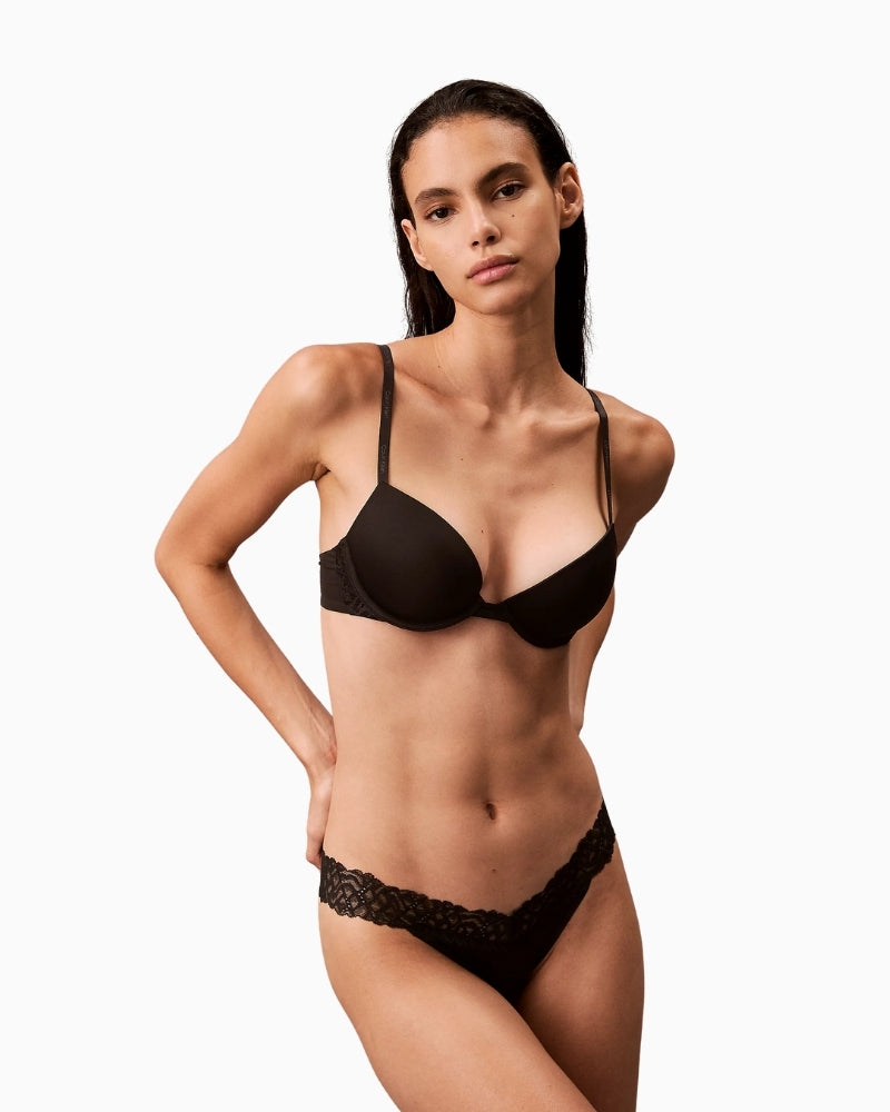 Calvin Klein Soft Stretch Lace push-up plunge bra in black with scalloped lace sides