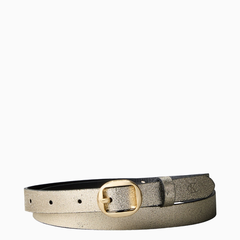 Calvin Klein gold metallic slim leather belt front view with round buckle – Áines Boutique