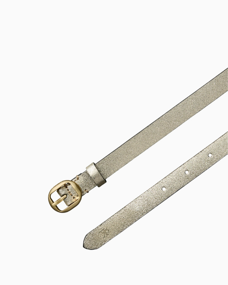 Calvin Klein gold metallic belt angled view showing buckle and tip – Áines Boutique