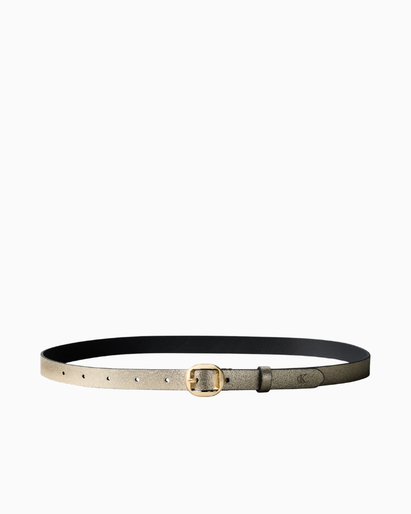 Calvin Klein gold metallic belt full-length view – Áines Boutique