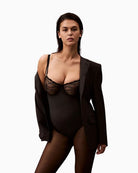 Calvin Klein lace bodysuit with sheer lace cups, underwire support, and cut-out back