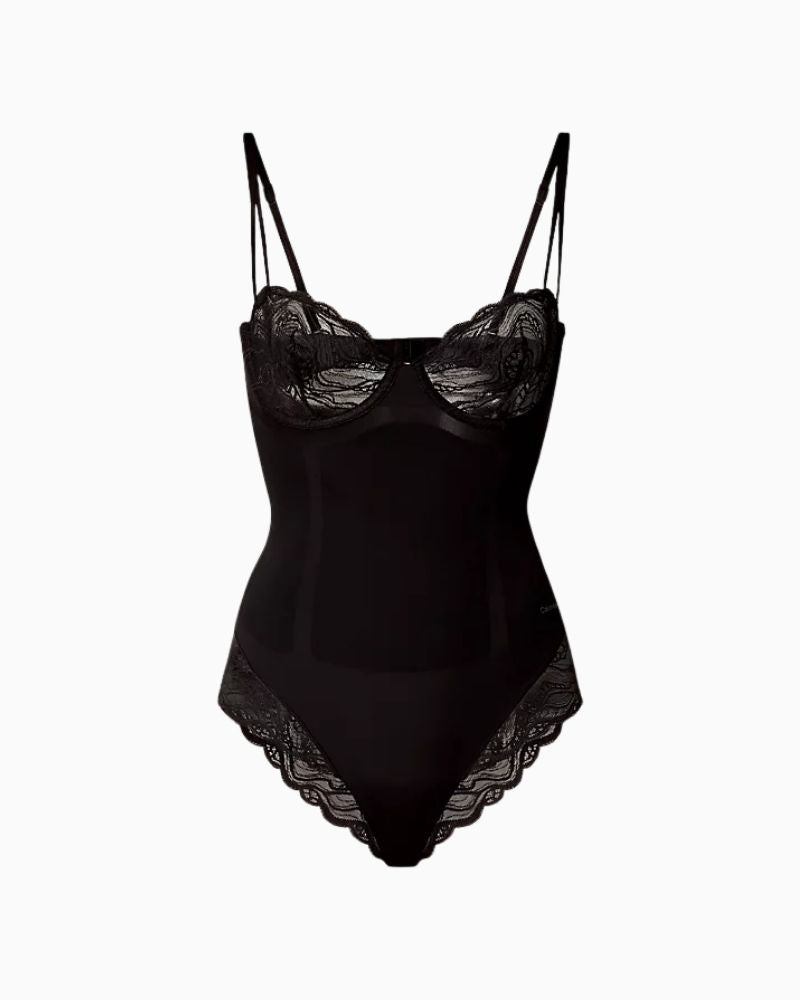 Calvin Klein lace bodysuit with sheer lace cups, underwire support, and cut-out back