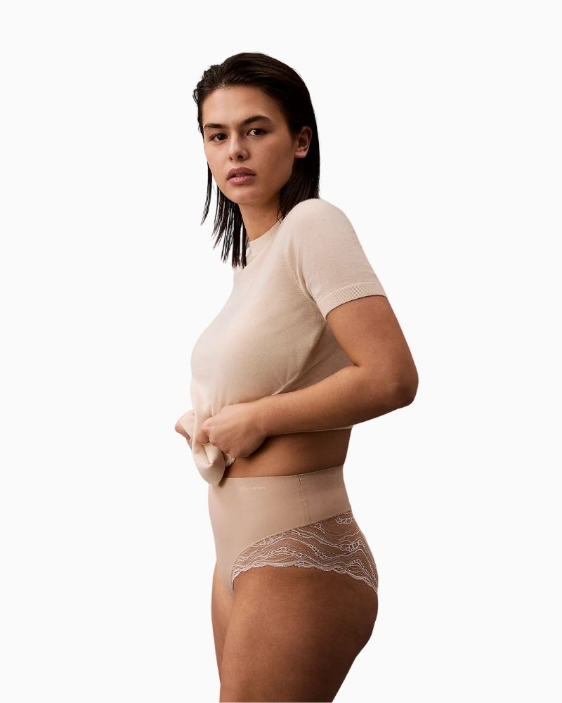 Side view of Calvin Klein Sensual Stretch Lace Shapewear Brief showing delicate lace detail