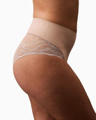 Close-up of Calvin Klein high-rise shapewear brief with scalloped lace trim