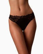 Close up of Lightweight CK thong in black stretch fabric laid flat