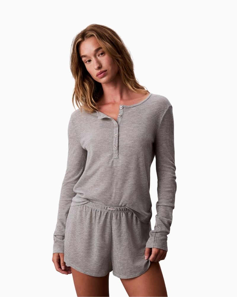 Calvin Klein grey waffle knit Henley top with long sleeves and button neckline
