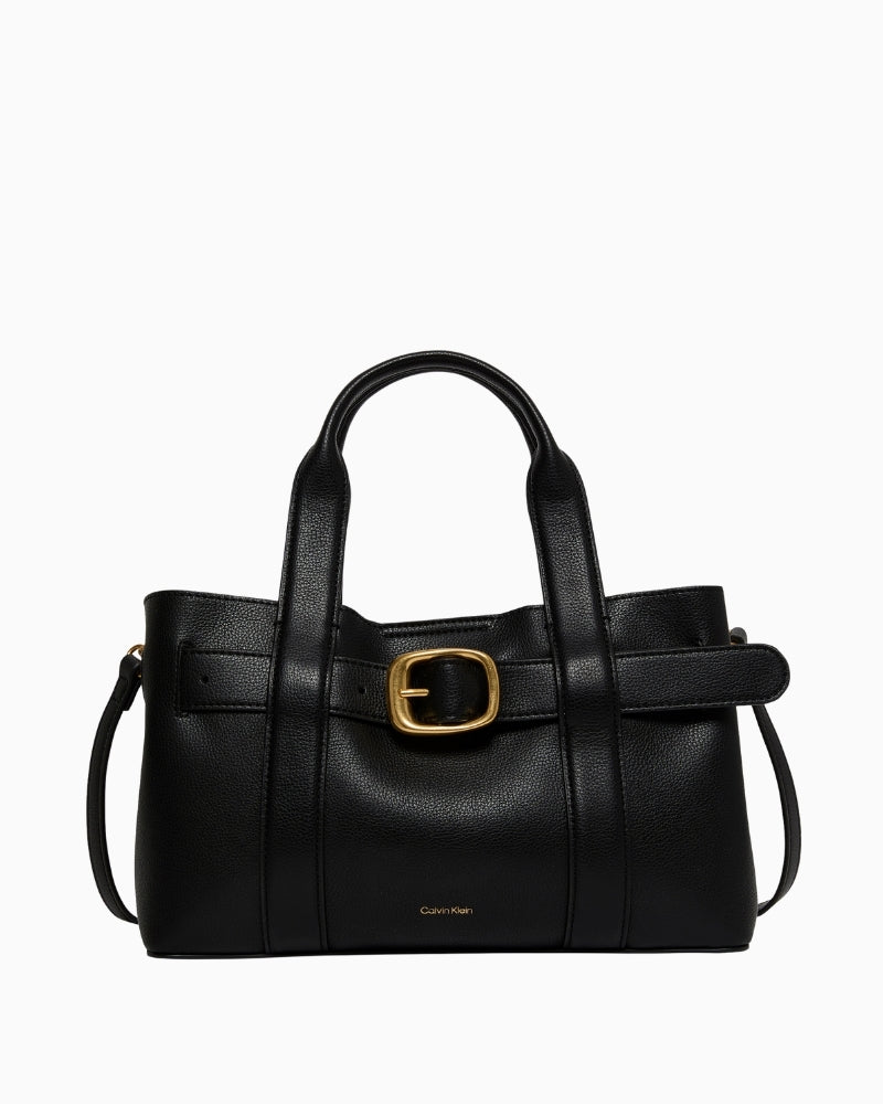 Front view of Calvin Klein taupe pocket bag with structured faux leather and webbing straps