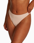 Close up view of Calvin Klein recycled microfiber thong showing medium-rise fit