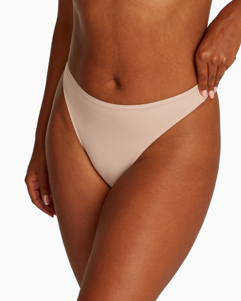 Close up view of Calvin Klein recycled microfiber thong showing medium-rise fit